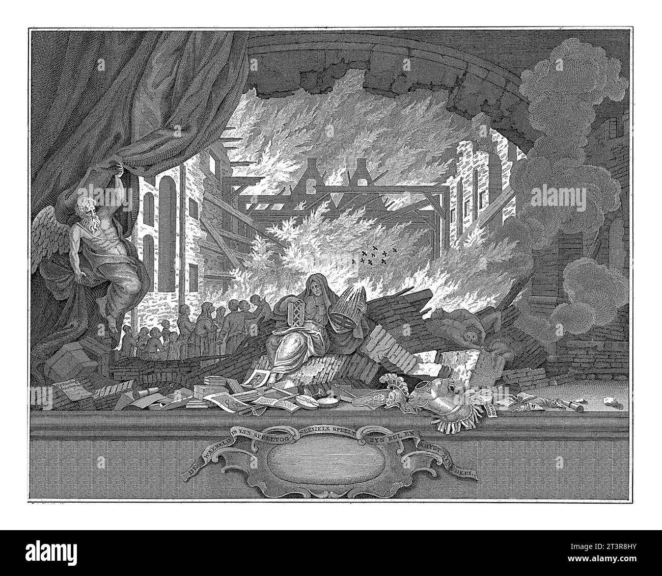 Allégorie de l'incendie à Amsterdamse Schouwburg, 1772, Cornelis Bogerts, d'après J. Wz. Crajenschot, 1772 tirage titre pour la série de quatre tirages A. Banque D'Images
