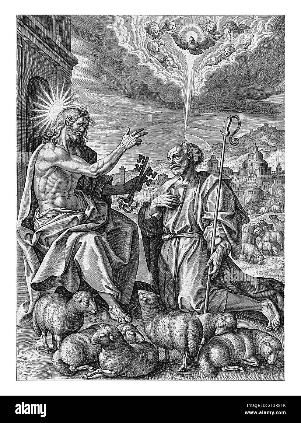 Christ remet les clés du ciel à Pierre, Hieronymus Wierix, d'après Maerten de vos, 1563 - avant 1611 Christ donne le berger Pierre, agenouillé b Banque D'Images