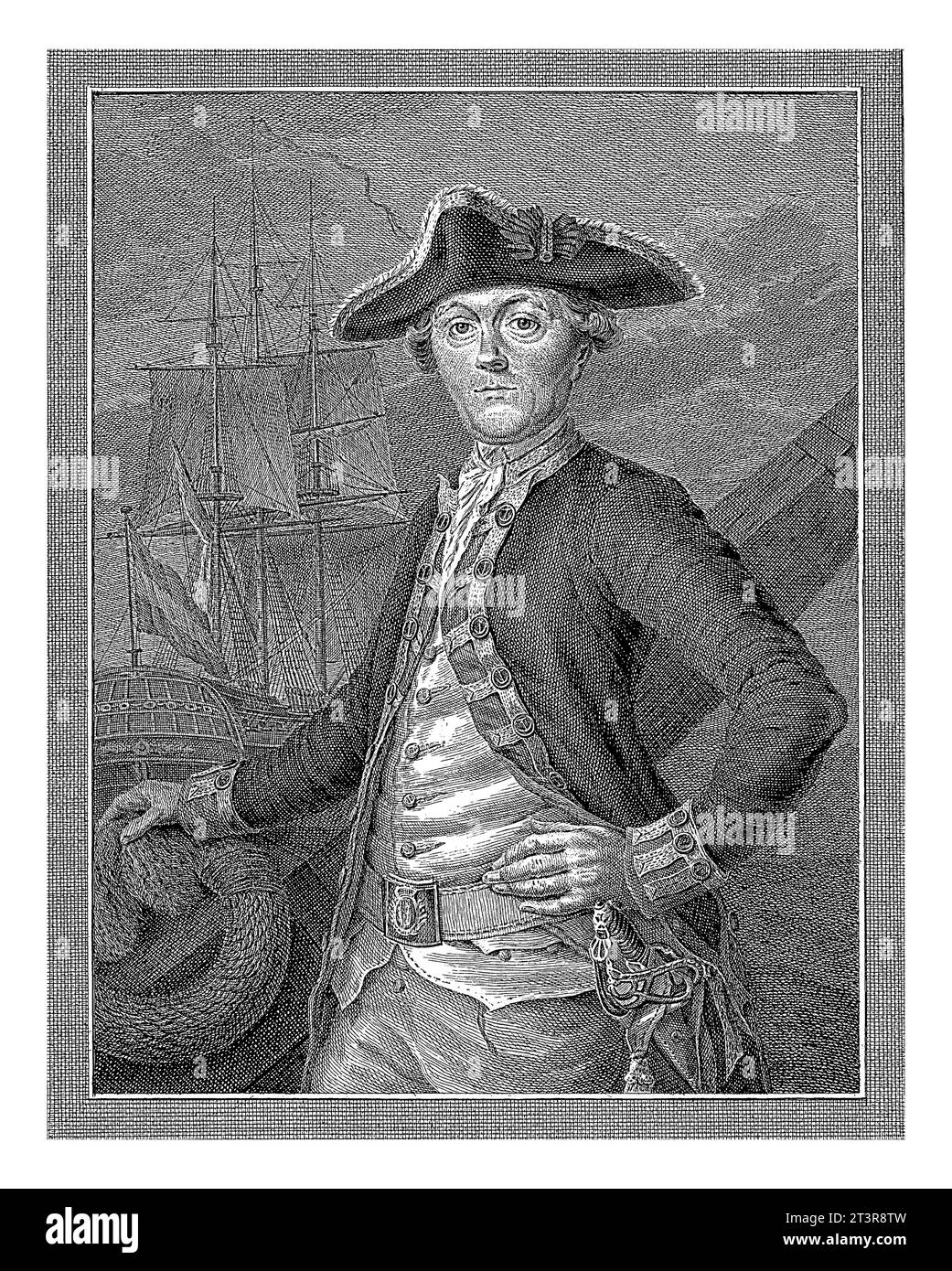 Portrait de Gerardus Oorthuys, Robbert Muys, d'après Nicolaes Muys, 1782 Capitaine Gerardus Oorthuys, moitié à gauche, son bras droit reposant sur le ro du navire Banque D'Images