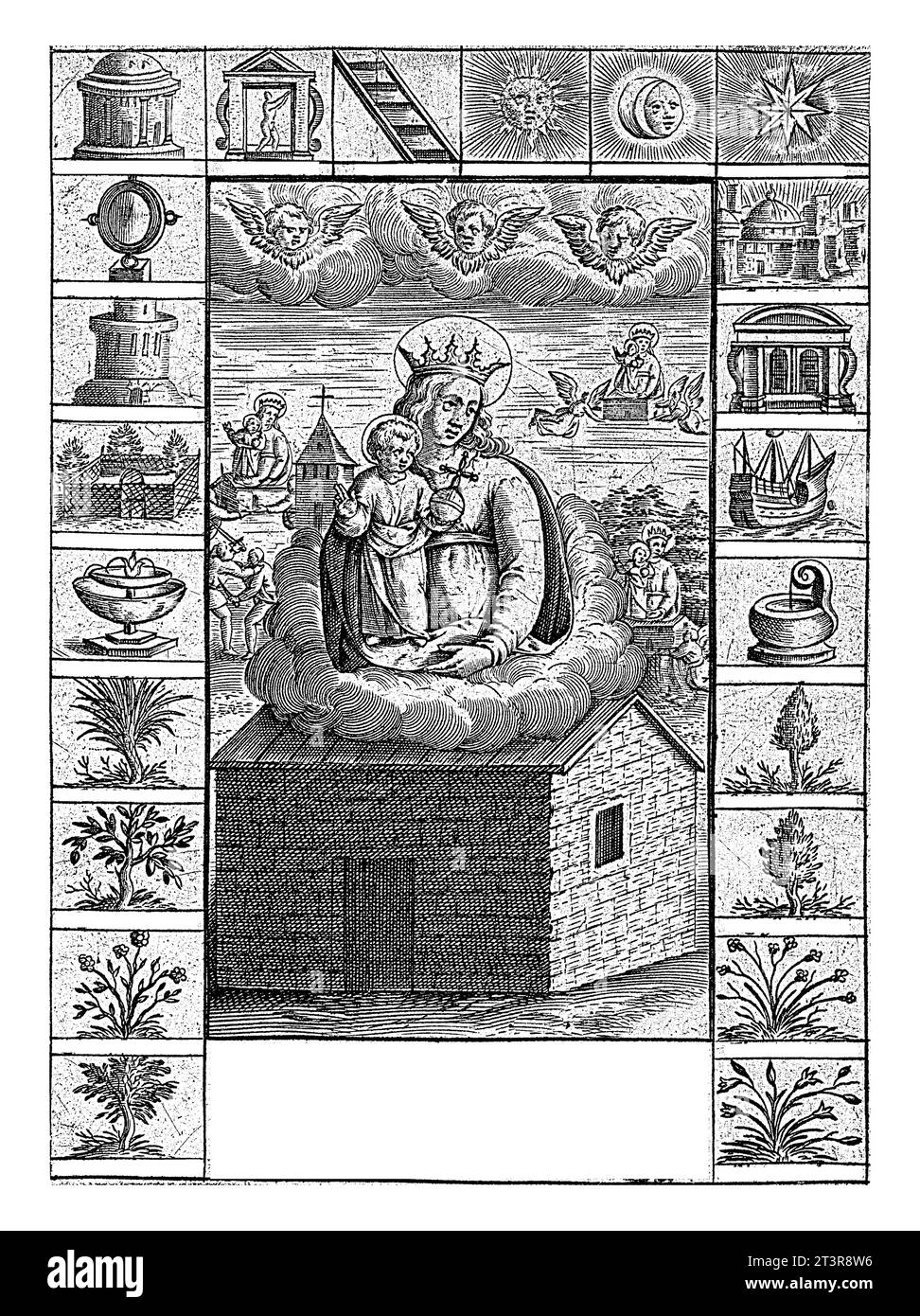 Notre-Dame de Loreto, au milieu des symboles de la litanie Lauretan, Antonie Wierix (II), 1565 - avant 1604 Marie est assise avec le Christ enfant sur le toit d'un Banque D'Images