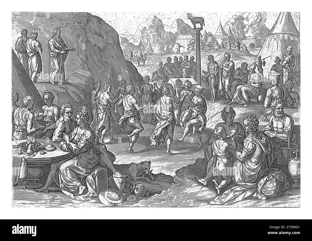 Danse autour du veau d'or, Johann Sadeler, d'après Crispijn van den Broeck, 1579 le peuple juif danse et fait de la musique autour d'un pilier avec l'or Banque D'Images