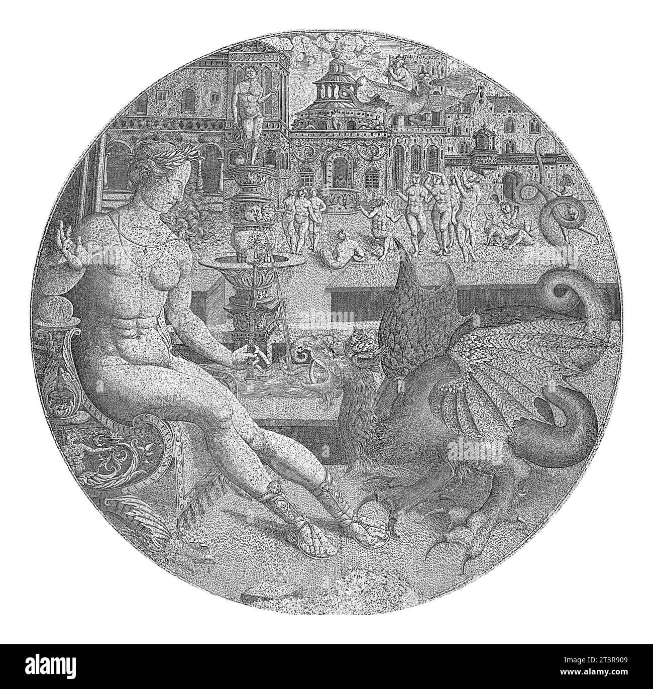 Sainte Marthe et le Dragon, Monogrammiste AC, 1553 deux scènes de l'histoire de Marthe et le dragon. Au premier plan : Martha avec staff et Laurier Wre Banque D'Images