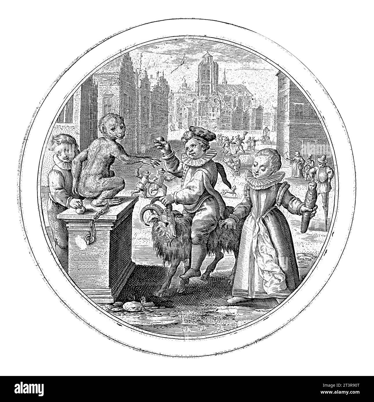 Homme à l'âge de dix ans, Crispijn van de passe (I), 1574 - 1637 Un garçon, sur une chèvre, et une fille avec une poupée à la main, regardent un singe assis sur un piédestal Banque D'Images