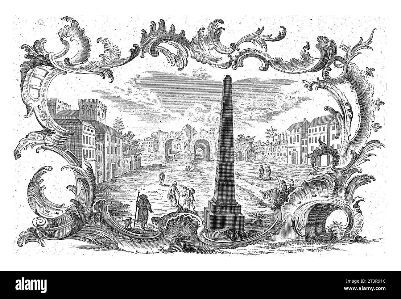 Ruines en cartouche rocaille, Emanuel Eichel, d'après Franz Xaver Habermann, 1731 - 1775 Figures en paysage avec bâtiments, ruines et obélisque. En rocai Banque D'Images