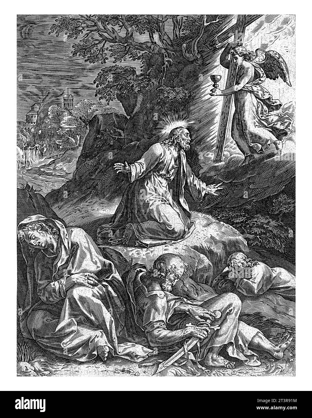 Christ sur le mont des oliviers, Cornelis Cort, d'après Federico Zuccaro, après 1569 - c. 1619 Christ prie la nuit sur le mont des oliviers. Un ange appe Banque D'Images