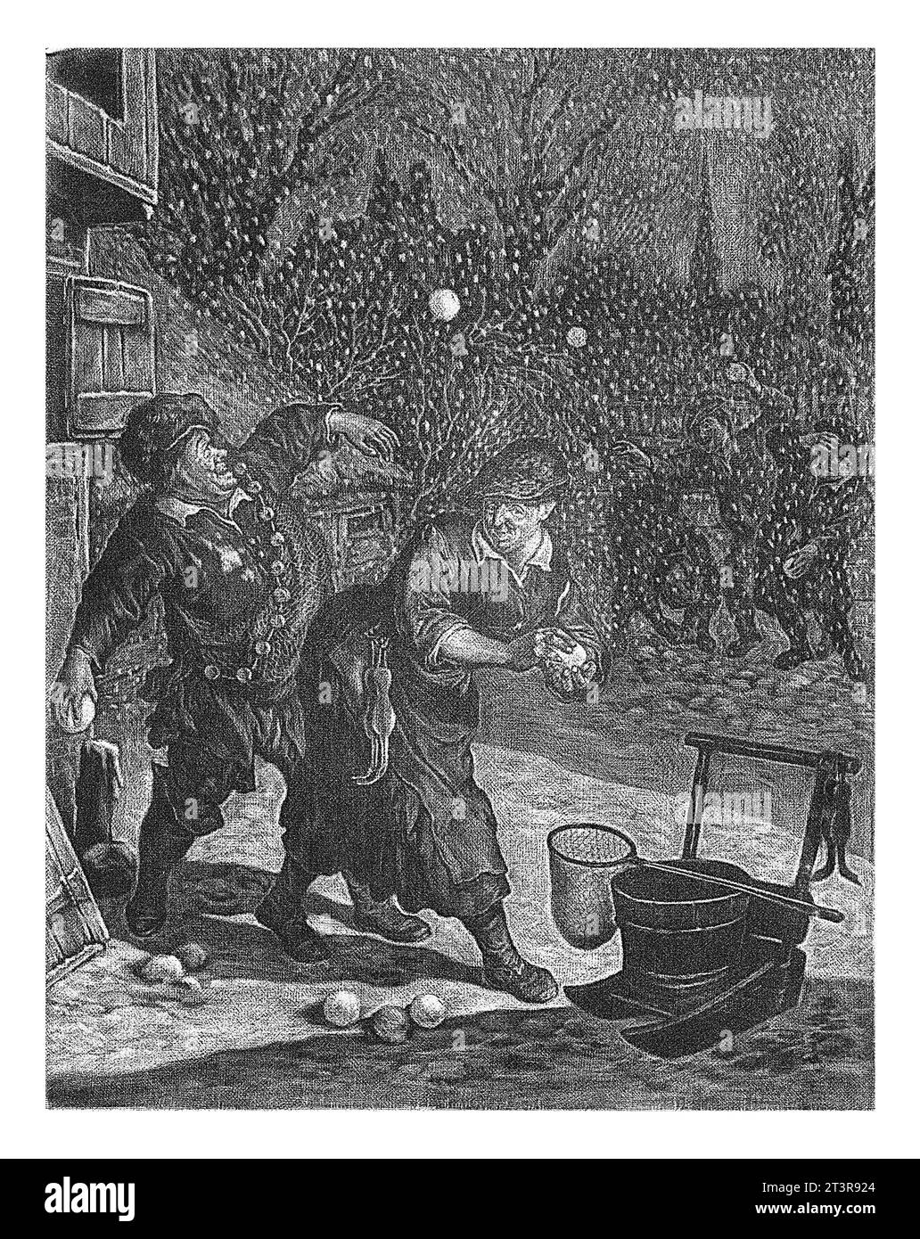 Maart, Cornelis Dusart, 1679 - 1704 vue d'un village dans une tempête de neige dans laquelle des hommes et des femmes jettent des boules de neige. Avant droite un traîneau avec cockpit et fishi Banque D'Images