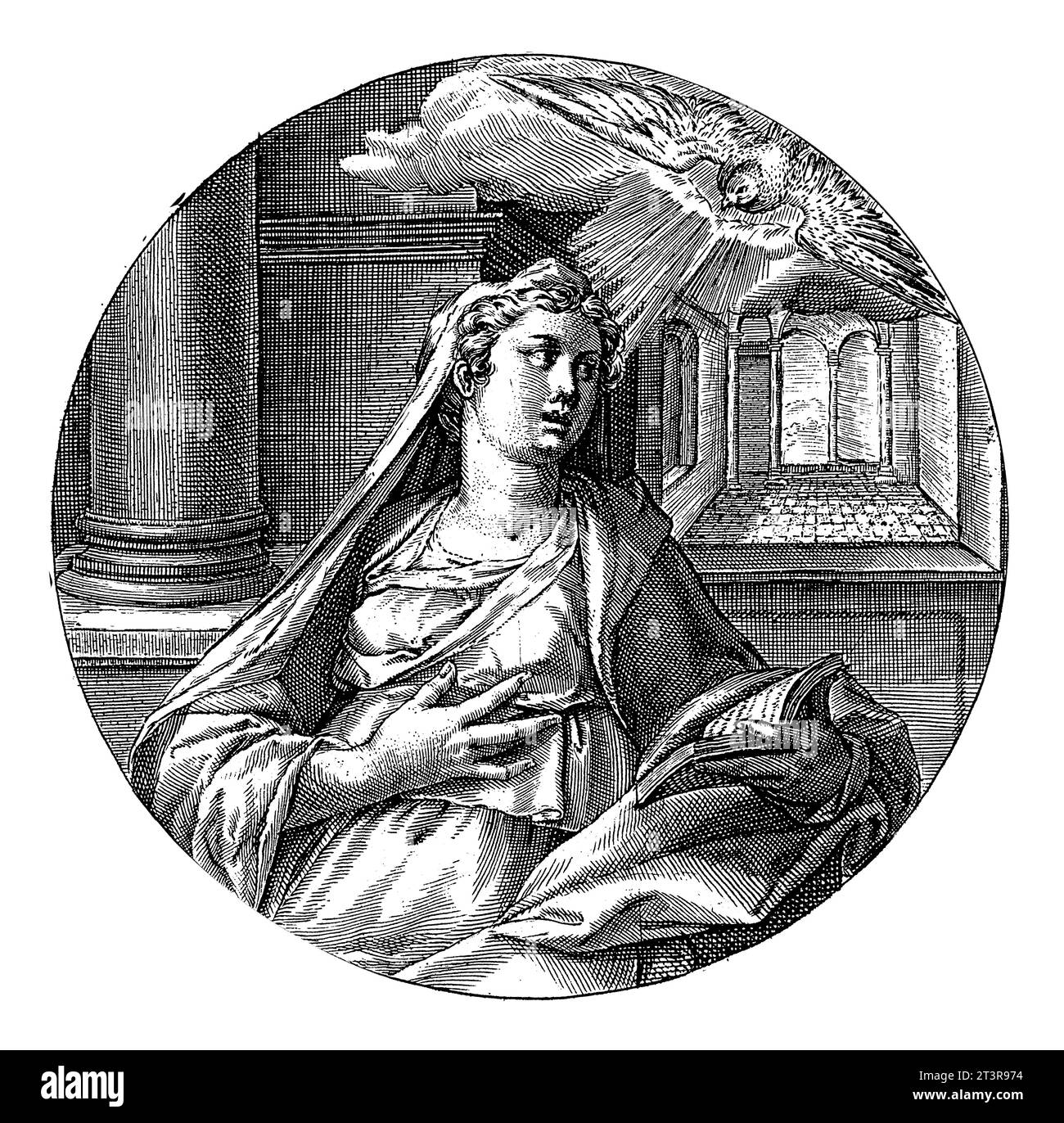 Obéissance, Crispijn van de passe (I), 1600 intérieur de l'église avec la personnification féminine de l'obéissance (Obedientia), avec un livre ouvert dans sa main. Banque D'Images