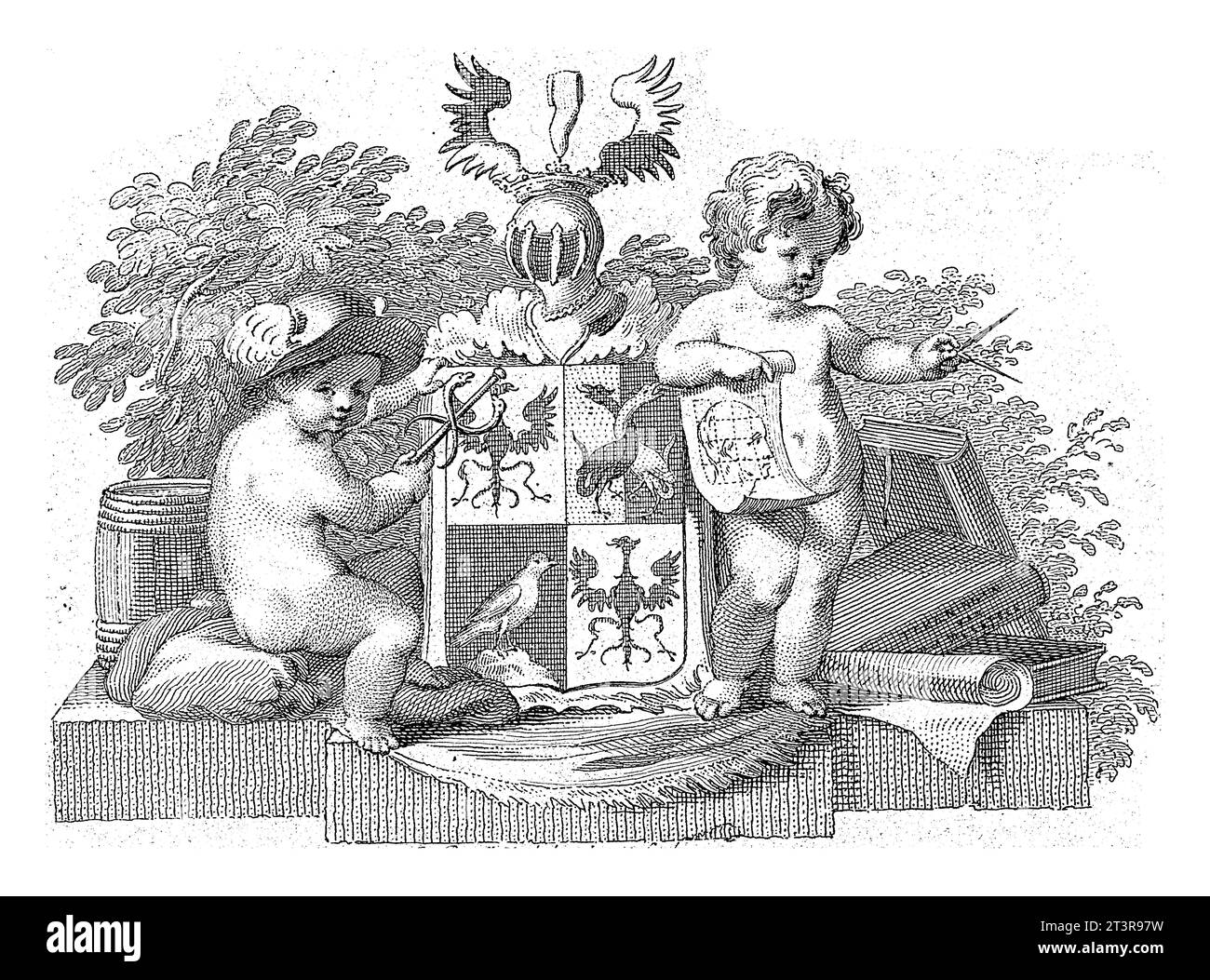 Armoiries, peut-être de la famille Goll de Frankenstein, flanquées de deux putti, Reinier Vinkeles (I), 1773, gravés vintage. Banque D'Images