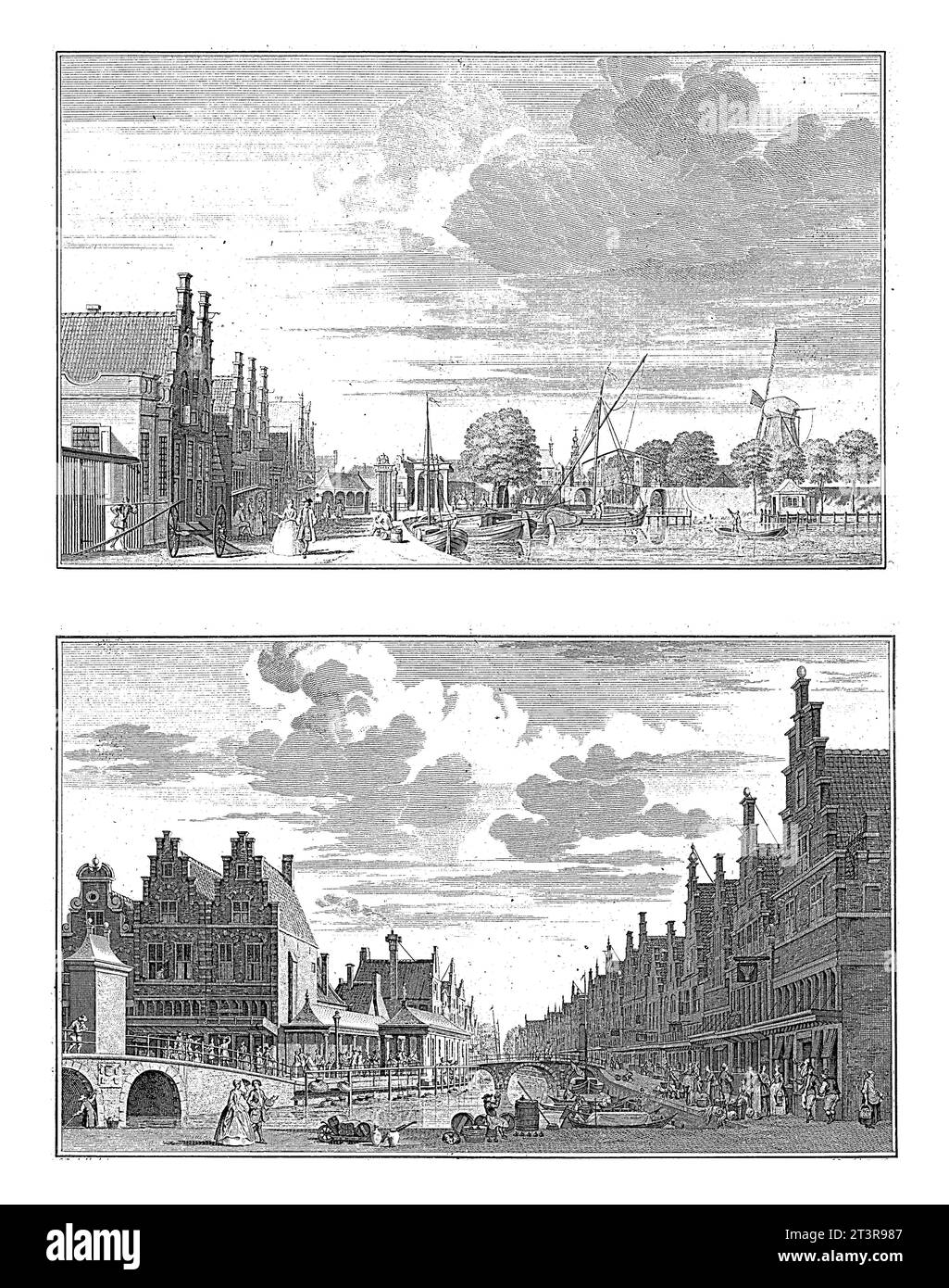 Feuille avec deux vues d'Alkmaar, Jan Punt, d'après Cornelis Pronk, 1746 ci-dessus : vue du Boompoort, du Hoge Brug et du moulin à Alkmaar. Sur la page Banque D'Images