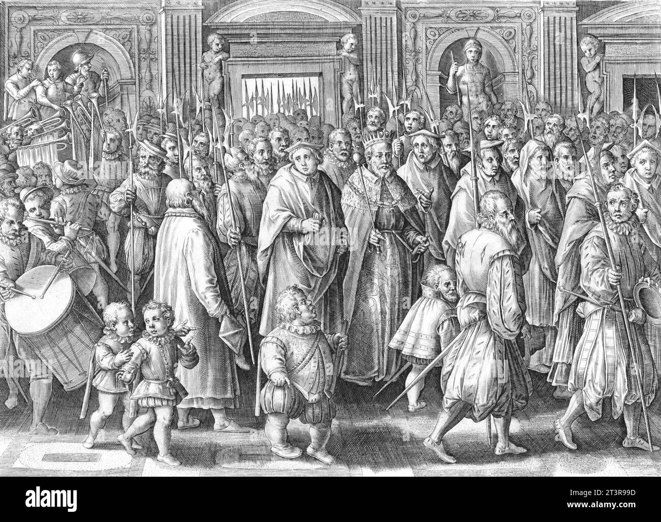 Retour du Grand-Duc Cosimo Ier de Toscane à son palais Philips Galle, d'après Jan van der Straet, 1583. Gravure au trait vintage ou illustration. Banque D'Images