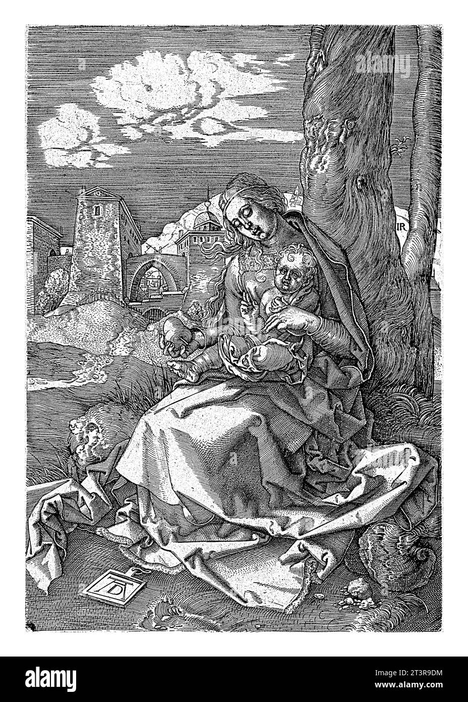 Vierge et enfant et une poire, Hieronymus Wierix, d'après Albrecht durer, 1563 - avant 1619 la Vierge est assise près d'un arbre avec le Christ enfant sur son L. Banque D'Images