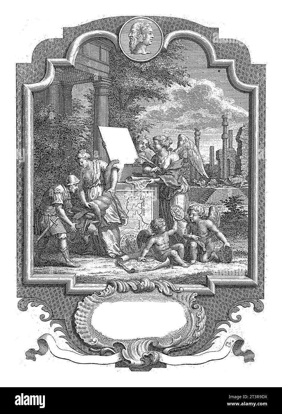 Cartouche avec allégorie sur l'histoire de l'Étrurie, Jan Caspar Philips, 1752 Histoire à un monument sur lequel la carte de l'Étrurie et un médaillon avec le Banque D'Images