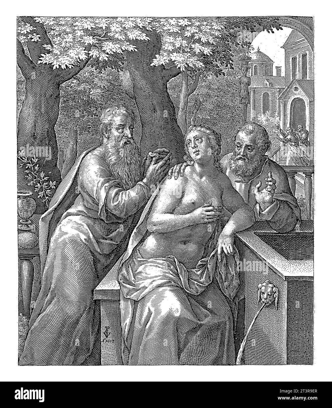 Susanna et les anciens, Crispijn van de passe (I), d'après Frans Pourbus (II), 1574 - 1637 Susanna est tâtée par deux anciens pendant son bain. Banque D'Images