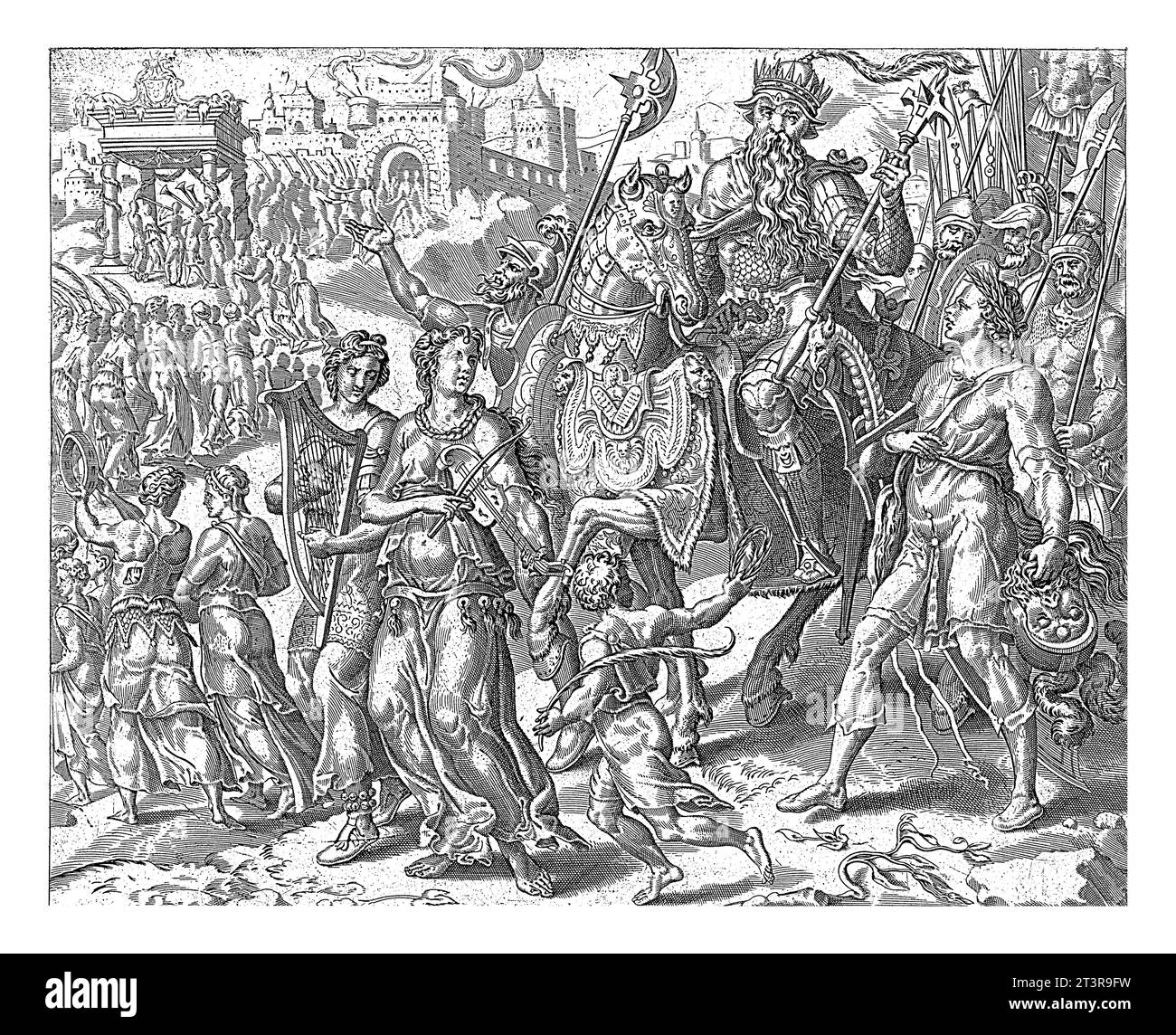 Triomphant David avec la tête de Goliath, anonyme, d'après Maarten van Heemskerck, 1555 - 1633 David marche avec la tête de Goliath à côté de Saul in t Banque D'Images