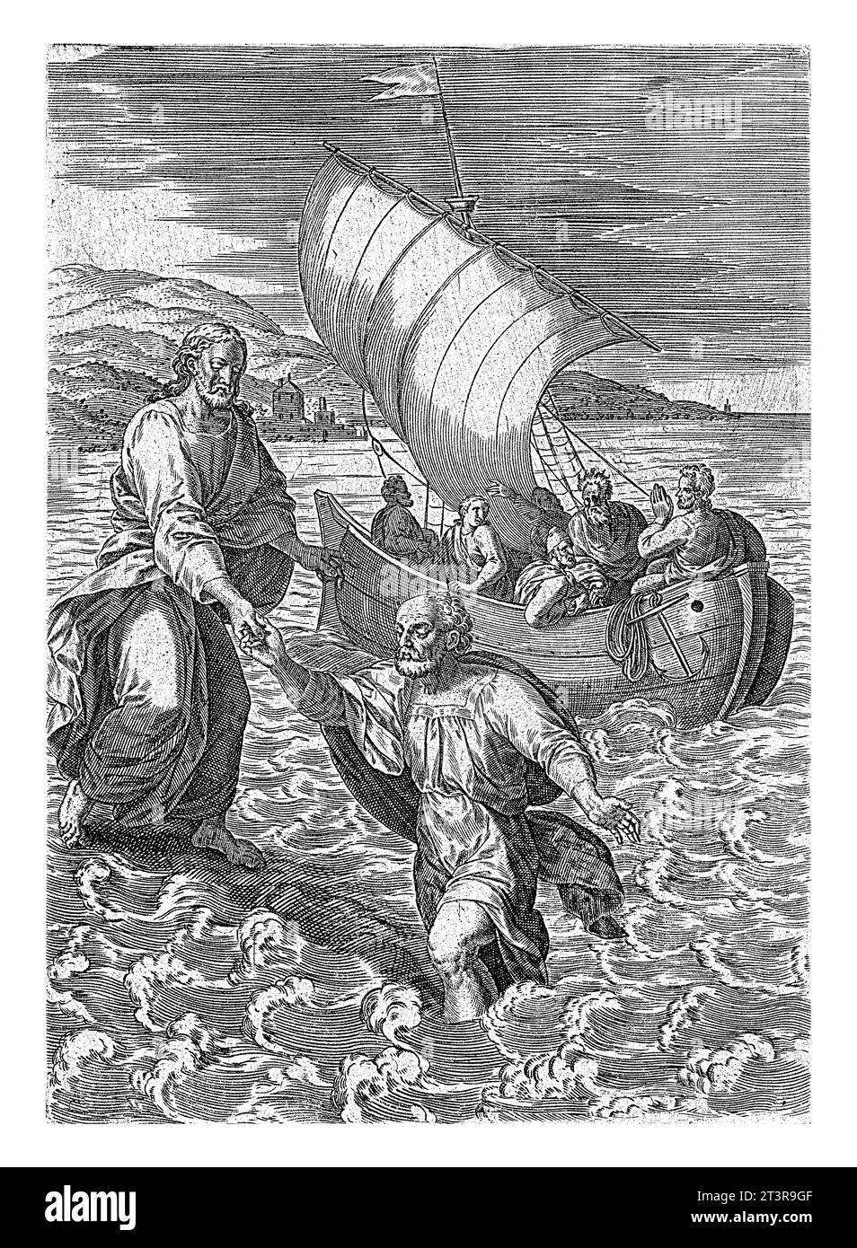 Christ et ses disciples dans la tempête sur la mer de Galilée, Abraham de Bruyn, d'après Crispijn van den Broeck, 1583 Illustration de livre pour l'histoire de Banque D'Images