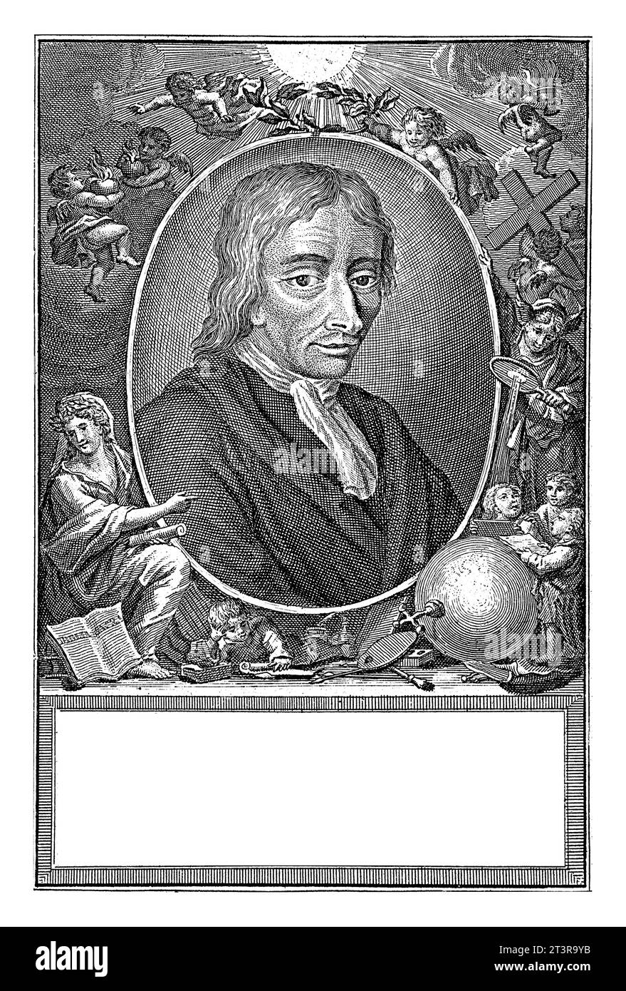 Portrait de Jan Luyken, Pieter Sluyter, d'après A. Houbraken, 1712 - 1713 Portrait du graveur, peintre et poète Jan Luyken. Au-dessus de l'ovale avec t Banque D'Images
