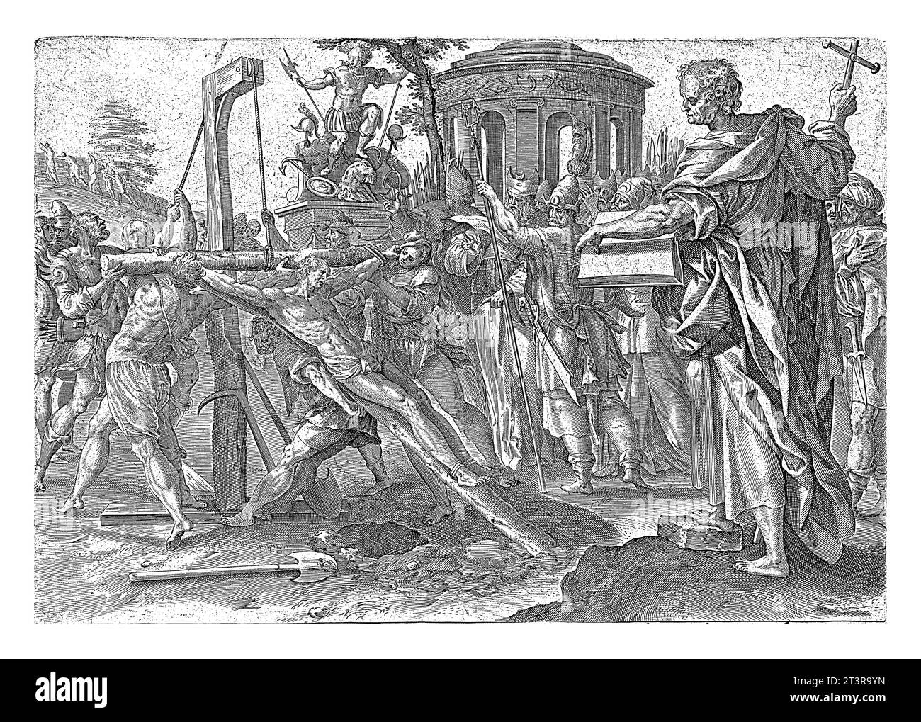 Martyre de Philippe, anonyme, d'après Maerten de vos, 1646 Philippe est crucifié. À droite de la scène de son martyre, il est représenté à nouveau, tenez Banque D'Images