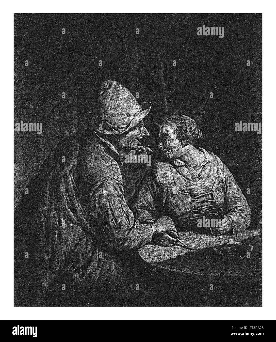 Fermier et épouse d'un fermier, Cornelis Dusart, 1685 Un fermier essaie de courtiser la femme d'un fermier avec du tabac et de la bière. Il a mis sa main sur la sienne. Banque D'Images