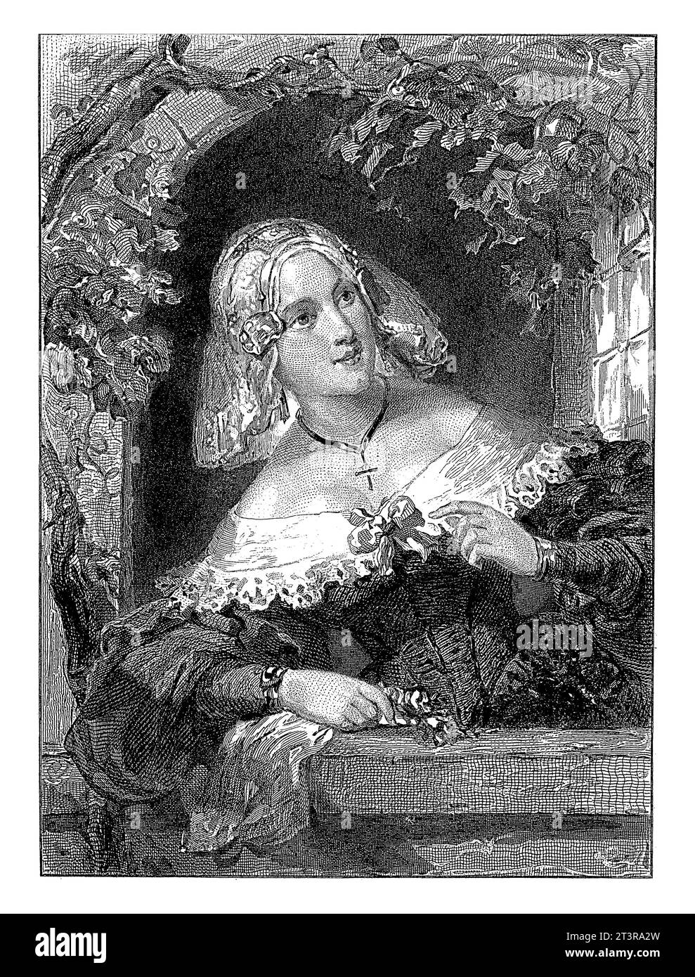 Femme dans une fenêtre, Johannes de Mare, d'après Nicolaas Pieneman, 1839 femme dans une fenêtre. Imprimé utilisé dans : Annuaire Tesselschade, 1839. Banque D'Images