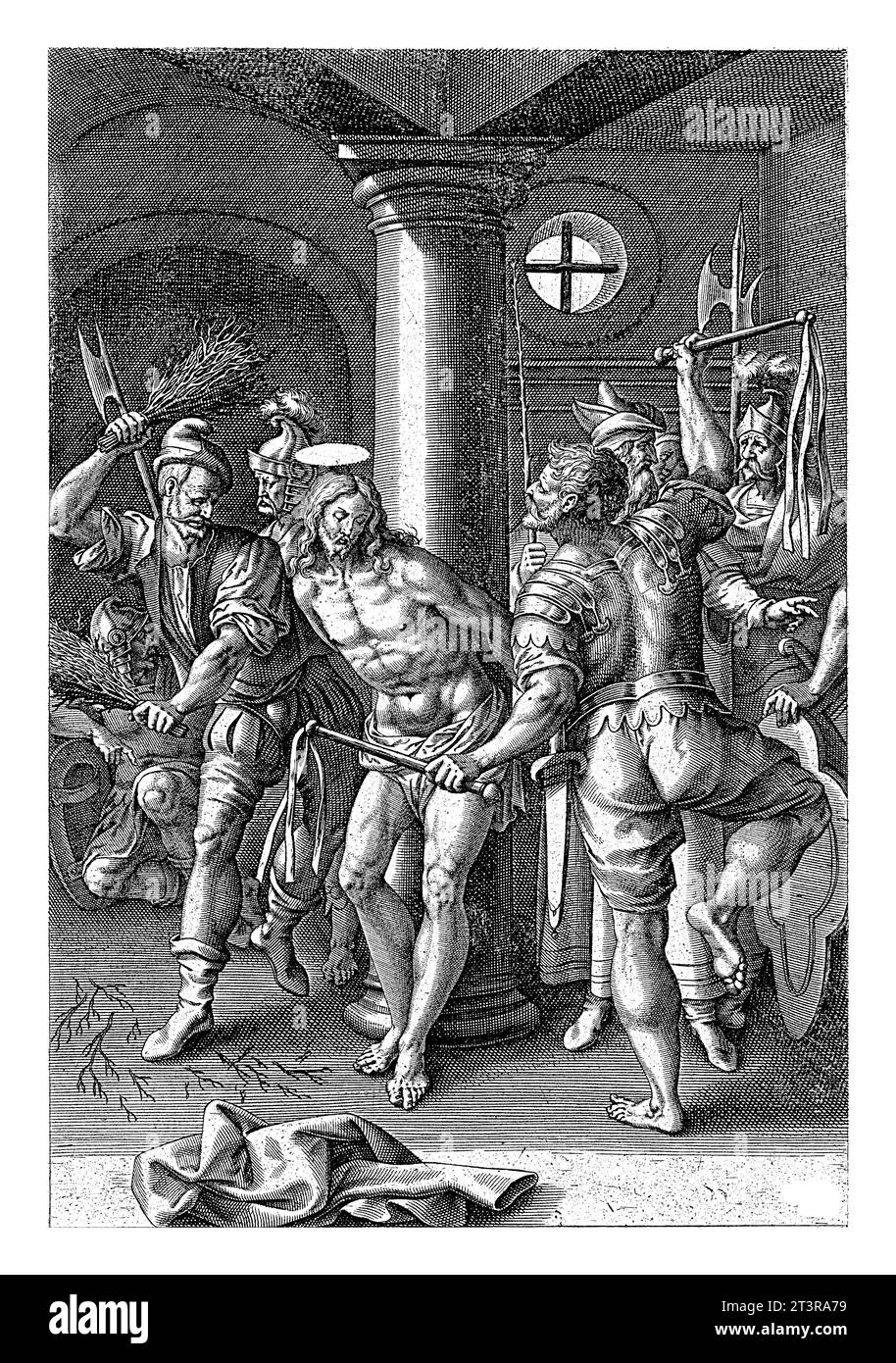 Flagellation du Christ, Antonie Wierix (II), d'après Maerten de vos, 1583 - 1587 Christ, vêtu d'une longe et attaché à un pilier, est frappé de coups de pied et fouetté Banque D'Images