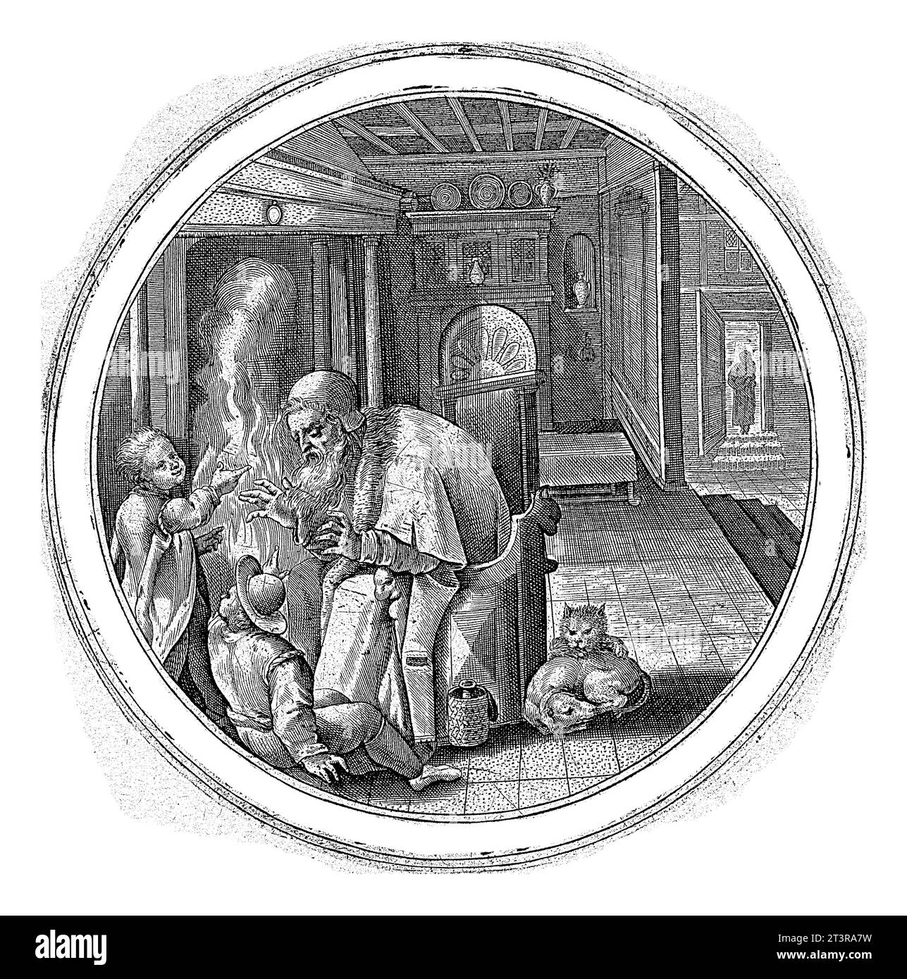 L'Homme à l'âge de quatre-vingts, Crispijn van de passe (I), 1574 - 1637 départ avec un vieil homme et deux enfants se réchauffant par un incendie. Banque D'Images