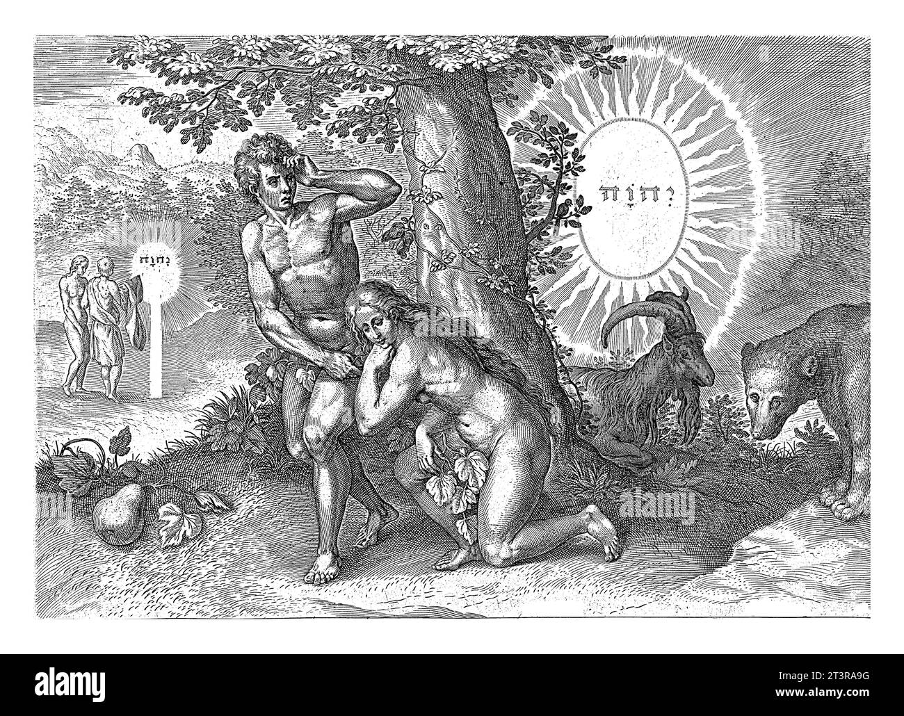 Automne, Johann Sadeler (I), d'après Crispijn van de passe (I), 1639 Adam et Ève ont honte de leur nudité après avoir mangé la pomme. Avant l'arbre de Banque D'Images