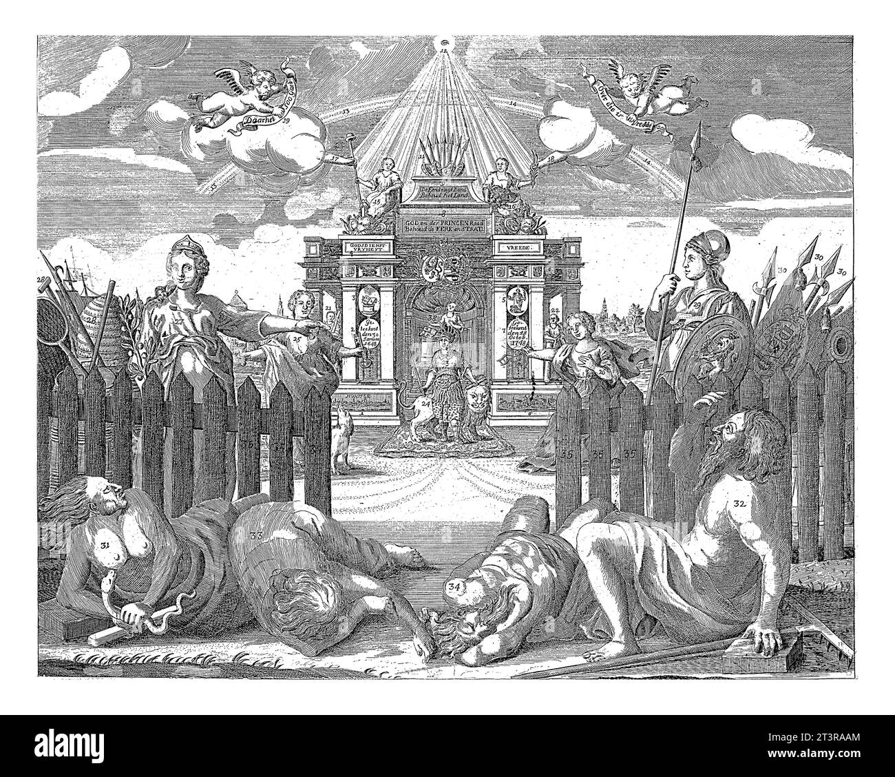 Référence au Traité d'Aix-la-Chapelle, 1748, C. van Beughem, 1748 allégorie de la paix d'Aix-la-Chapelle conclue le 18 octobre 1748 entre les alliés. Banque D'Images