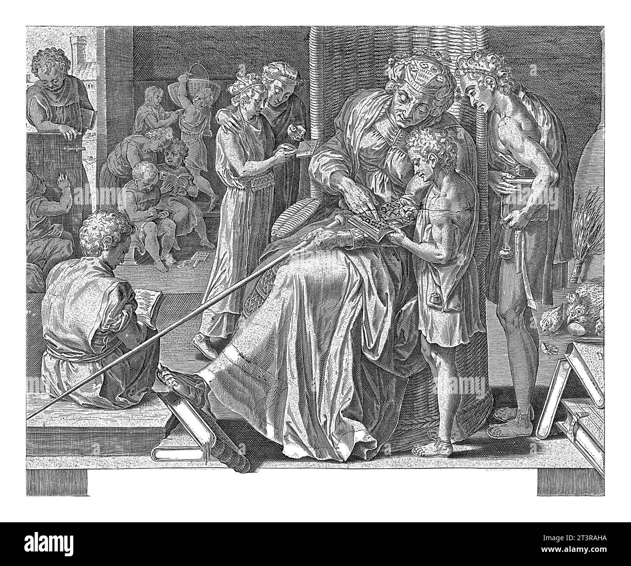 Grammaire (art de la parole), Cornelis Cort, d'après Frans Floris (I), c. 1633 - c. 1676 Grammaire siège comme un professeur âgé parmi ses élèves. Il y a Studen Banque D'Images