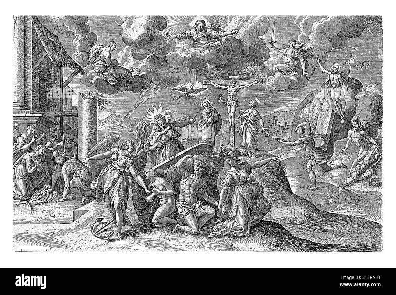 Allégorie de la rédemption de l'humanité, Hieronymus Wierix, d'après Jacob de Backer, 1563 - avant 1586 Adam et Ève sont pris sous les tables de Th Banque D'Images