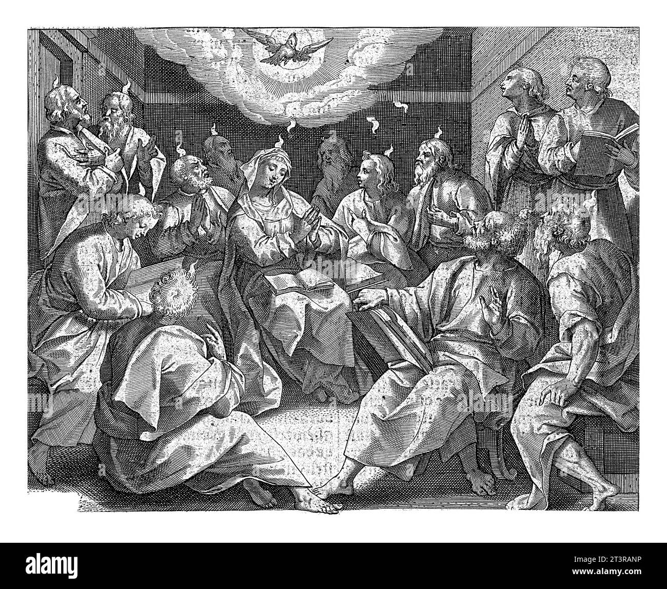 Effusion du Saint-Esprit, Jan Collaert (II), après Maerten de vos, 1597 Marie et les disciples du Christ prient dans une salle. La colombe du H. Banque D'Images
