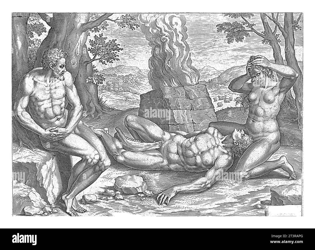 Eve pleure la mort pour Abel, Johann Sadeler (I), après Michiel Coxie (I), 1639 les parents de Caïn et Abel trouvent le cadavre de leur fils sur le lieu de sacrifi Banque D'Images