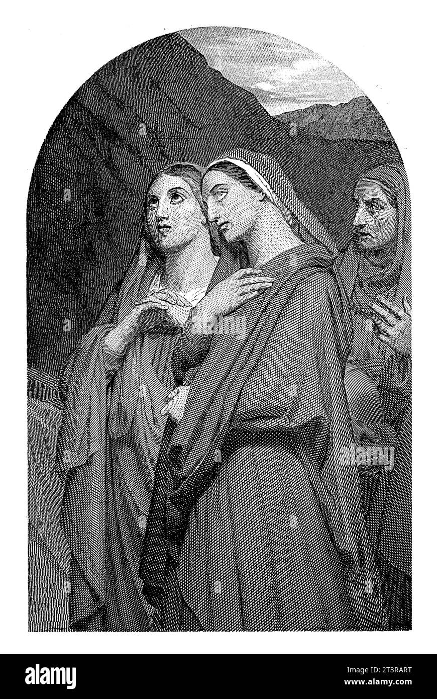 Femmes en deuil, Willem Frederik Wehmeyer, 1842 - 1873 deux jeunes femmes et une femme plus âgée sont représentées dans un paysage de montagne. Banque D'Images