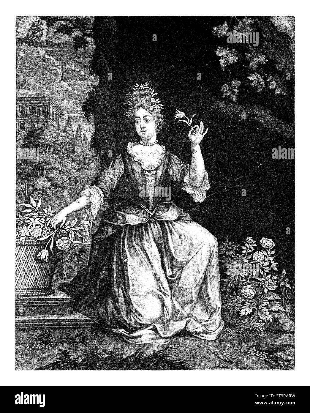 Mai, Pieter Schenk (I), 1670 - 1713 la personnification du mois de mai prend des fleurs d'un panier de fleurs. Dans le ciel la constellation Gémeaux. Banque D'Images