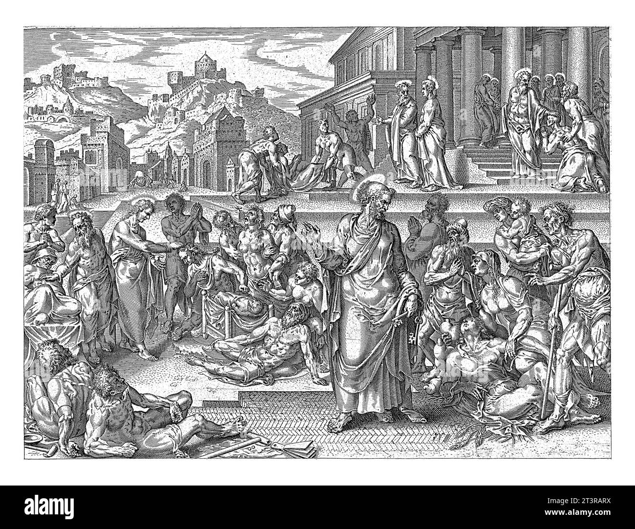 Pierre guérit les malades avec son ombre, anonyme, d'après Philips Galle, d'après Maarten van Heemskerck, 1646 au centre du premier plan se trouve l'apôtre Banque D'Images