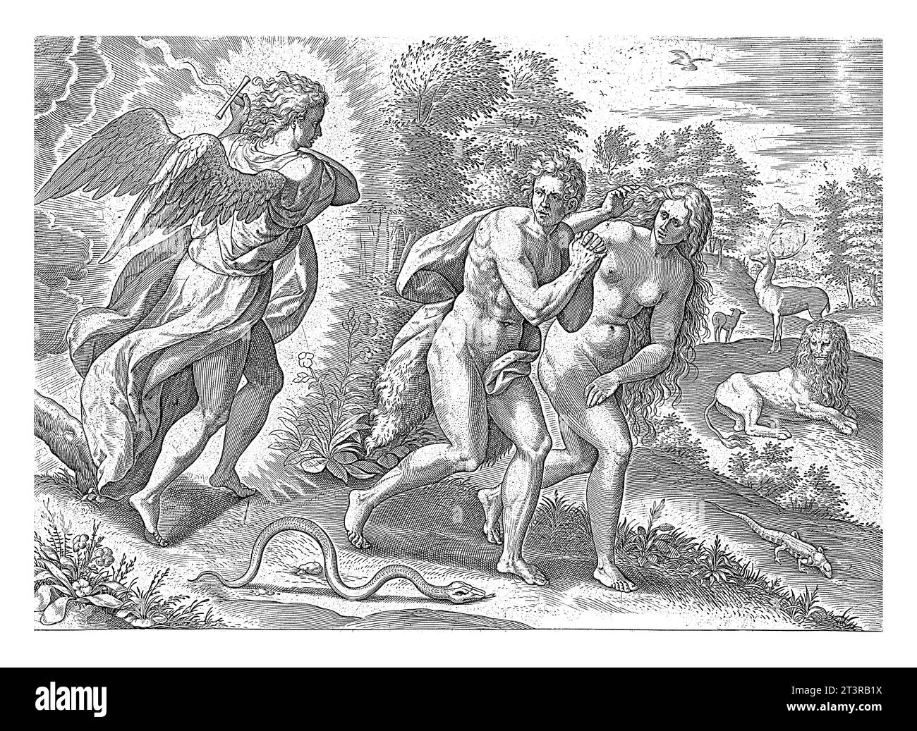 Expulsion du Paradis, Johann Sadeler (I), après Crispijn van de passe (I), 1639 Adam et Ève couvrent leur nudité comme ils sont chassés du Paradis Banque D'Images