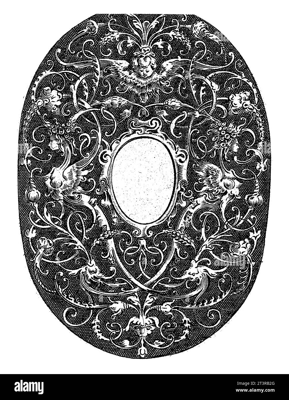 Ovale avec des vrilles stylisées et un compartiment vide au milieu, Hans Janssen, 1615 - c. 1630 deux sphinx et un chérubin sont incorporés dans les dix Banque D'Images