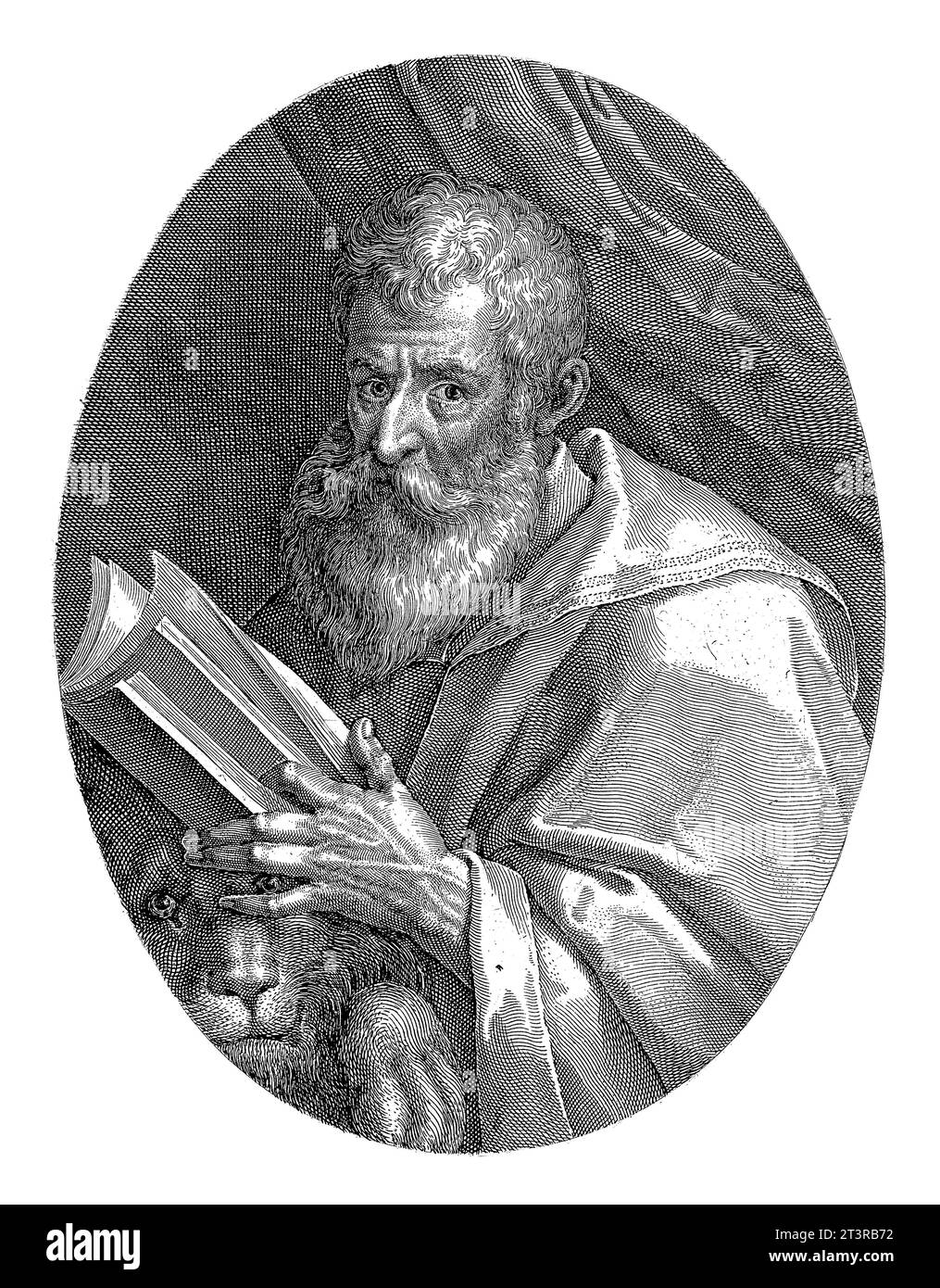 L'évangéliste Marcus, Crispijn van de passe (I), d'après Gortzius Geldorp, 1574 - 1637 buste de l'évangéliste Marcus, un livre ouvert dans ses mains. À côté de salut Banque D'Images