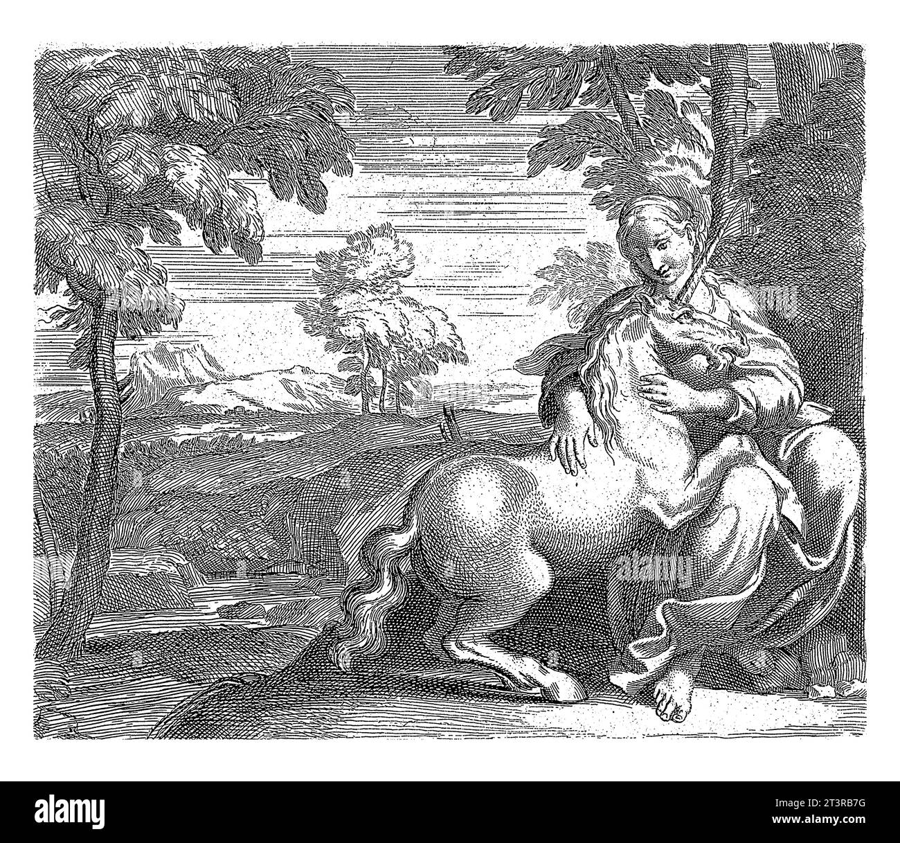 Jeune femme avec une licorne, anonyme, d'après Annibale Carracci, d'après Domenichino, vers 1602 Une jeune femme assise avec une licorne sur ses genoux Banque D'Images