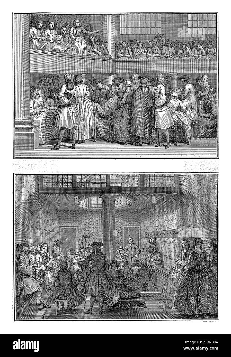 Rencontres Quakers à Londres et Amsterdam, Pieter Tanje, d'après Louis Fabritius Dubourg, 1736 deux images sur une page. Ci-dessus : une réunion des Quakers in Banque D'Images