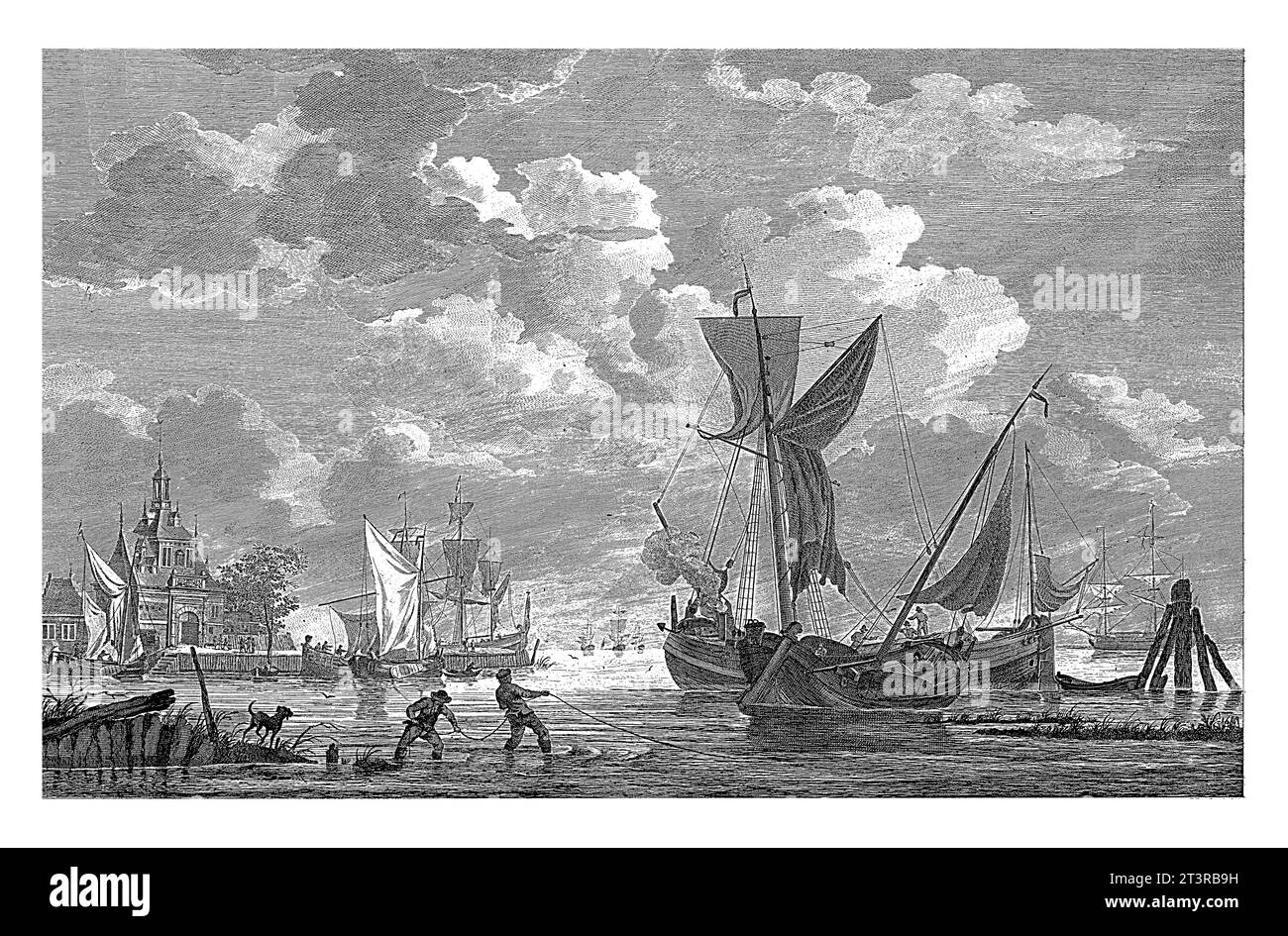 Vue du port de Rotterdam, Dirk de Jong, après Kobell, 1805 vue du port de Rotterdam avec différents navires et la porte du port sur la gauche. Banque D'Images