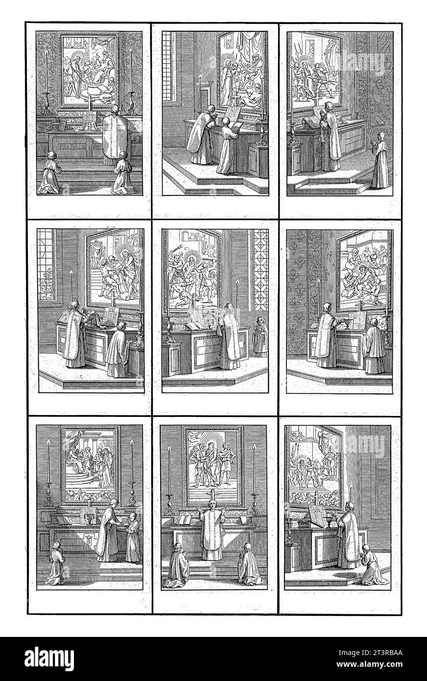 Cérémonies à la Messe, Bernard Picart (atelier de), d'après Sébastien Leclerc, 1722 feuille avec neuf représentations représentant les cérémonies successives Banque D'Images