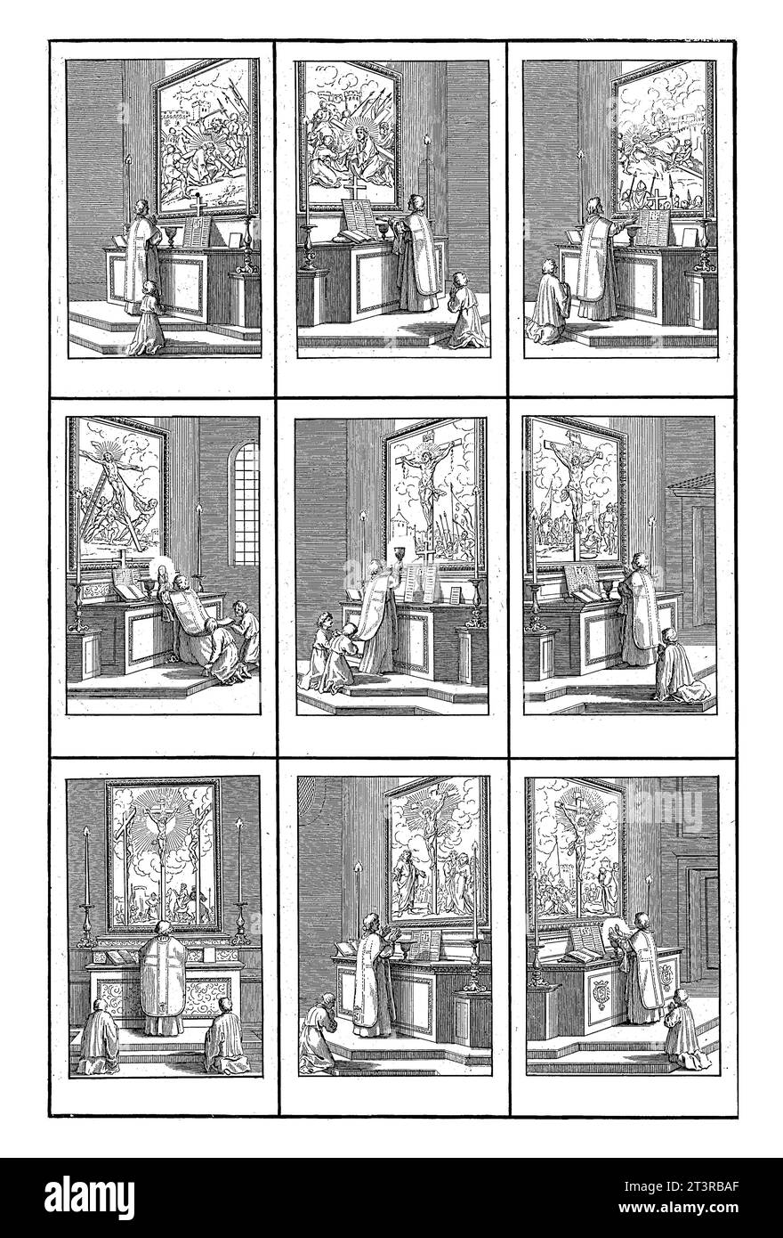 Cérémonies à la Messe, Bernard Picart (atelier de), d'après Sébastien Leclerc, 1722 feuille avec neuf représentations représentant les cérémonies successives Banque D'Images
