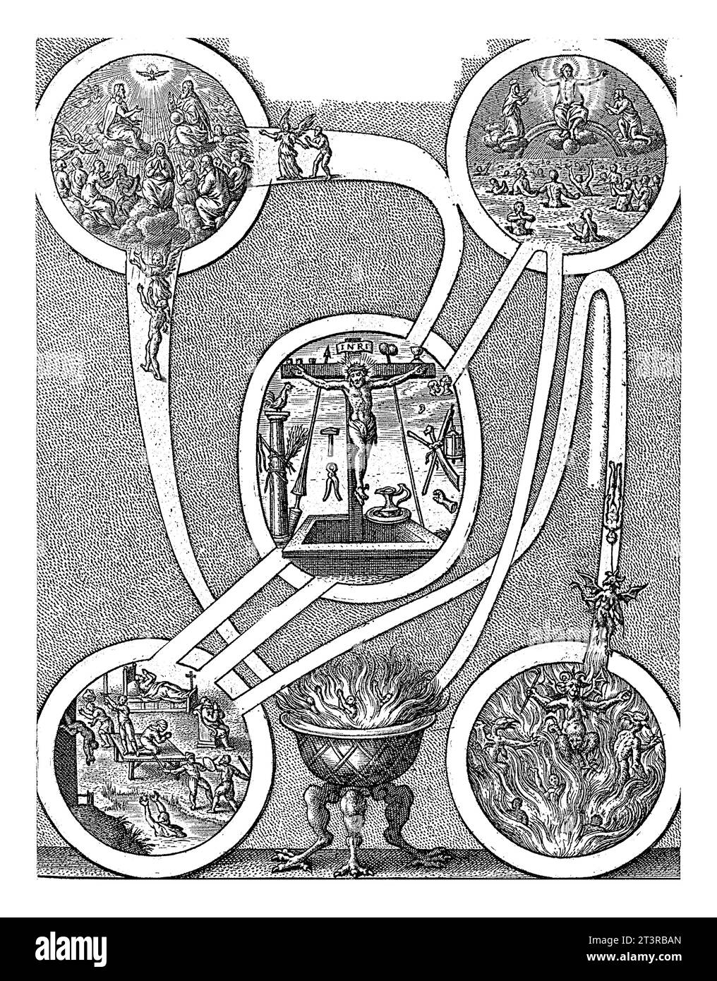 Cinq médaillons représentant des scènes des quatre extrêmes - la mort, le jugement, le ciel et l'enfer - reliés par des bandes de texte. Les bandes forment un itinéraire différent Banque D'Images