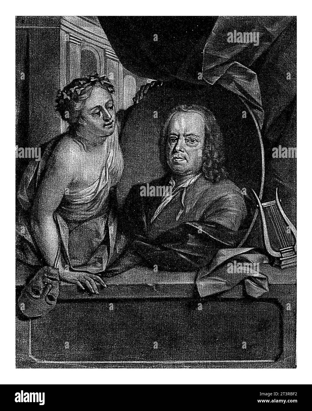 Portrait de Frans Greenwood, Aert Schouman, 1720 - 1792 le graveur Frans Greenwood. Son portrait est tenu par une figure allégorique avec un masque. Banque D'Images