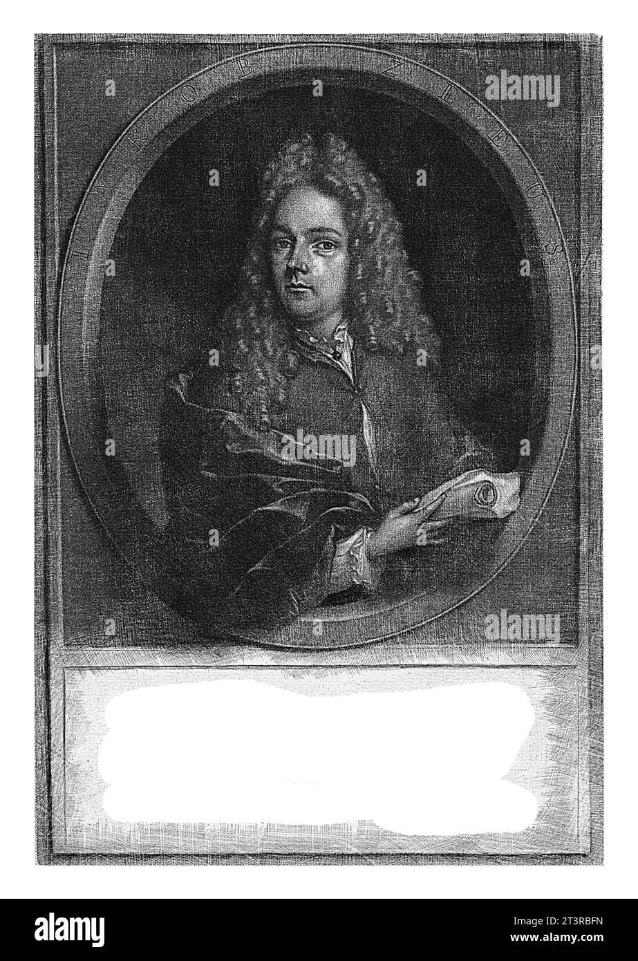 Portrait de Jakob Zeeus, Arnold Houbraken, 1706-1719 le poète Jakob Zeeus, tenant un rouleau de papier. Il porte une longue perruque bouclée. Dans la marge un poème de Banque D'Images