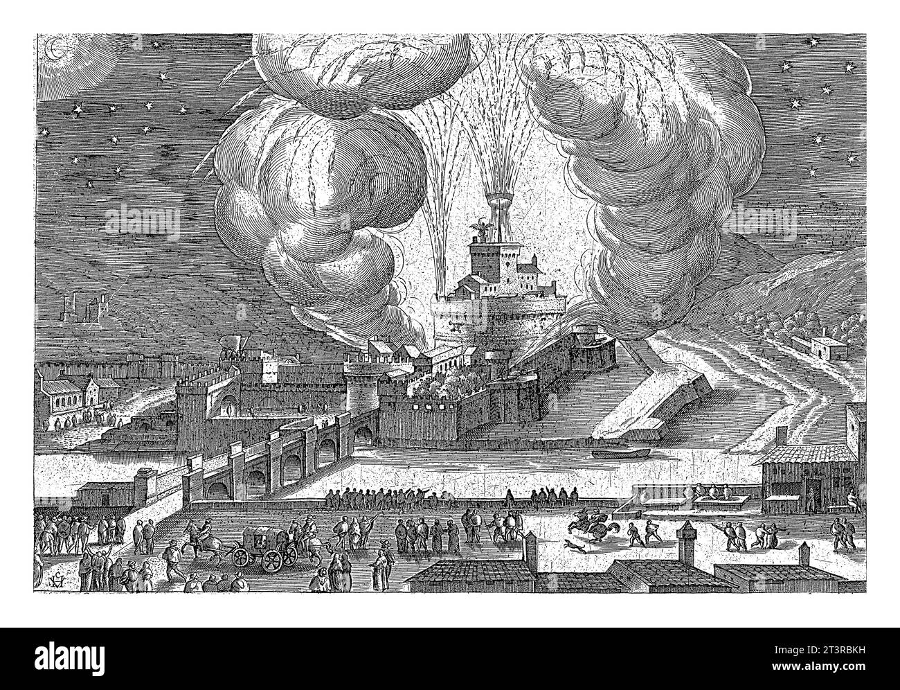 Feu d'artifice sur le Castel Sant'Angelo, Hendrick van Cleve, 1585 vue sur le Castel Sant'Angelo. Il fait nuit et des feux d'artifice sont déclenchés. Au premier plan Banque D'Images