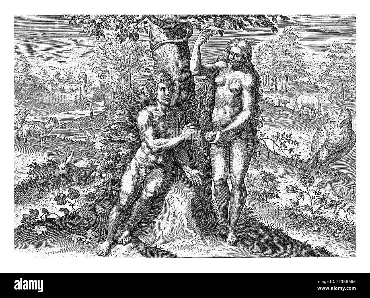 Eve séduit Adam, Johann Sadeler (I), d'après Crispijn van de passe (I), 1639 Eve offre à Adam un fruit de la pomme de l'arbre de la connaissance du goo Banque D'Images