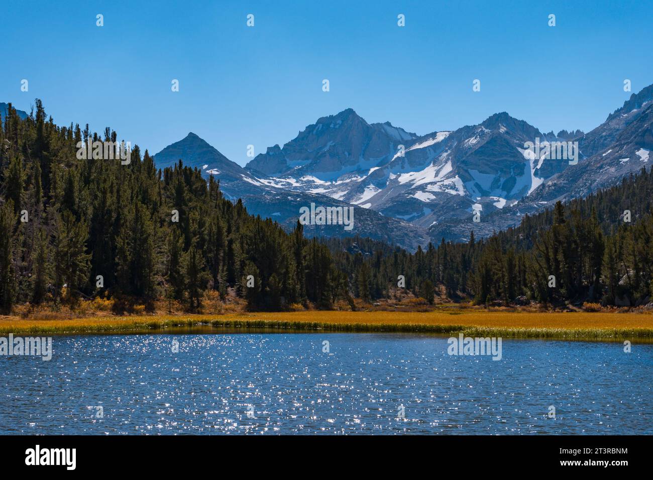 Randonnée dans la vallée de Little Lakes dans les montagnes de l'est de la Sierra Nevada à l'extérieur de Bishop, Californie. Lacs alpins, couleurs de feuilles d'automne, monta enneigée Banque D'Images