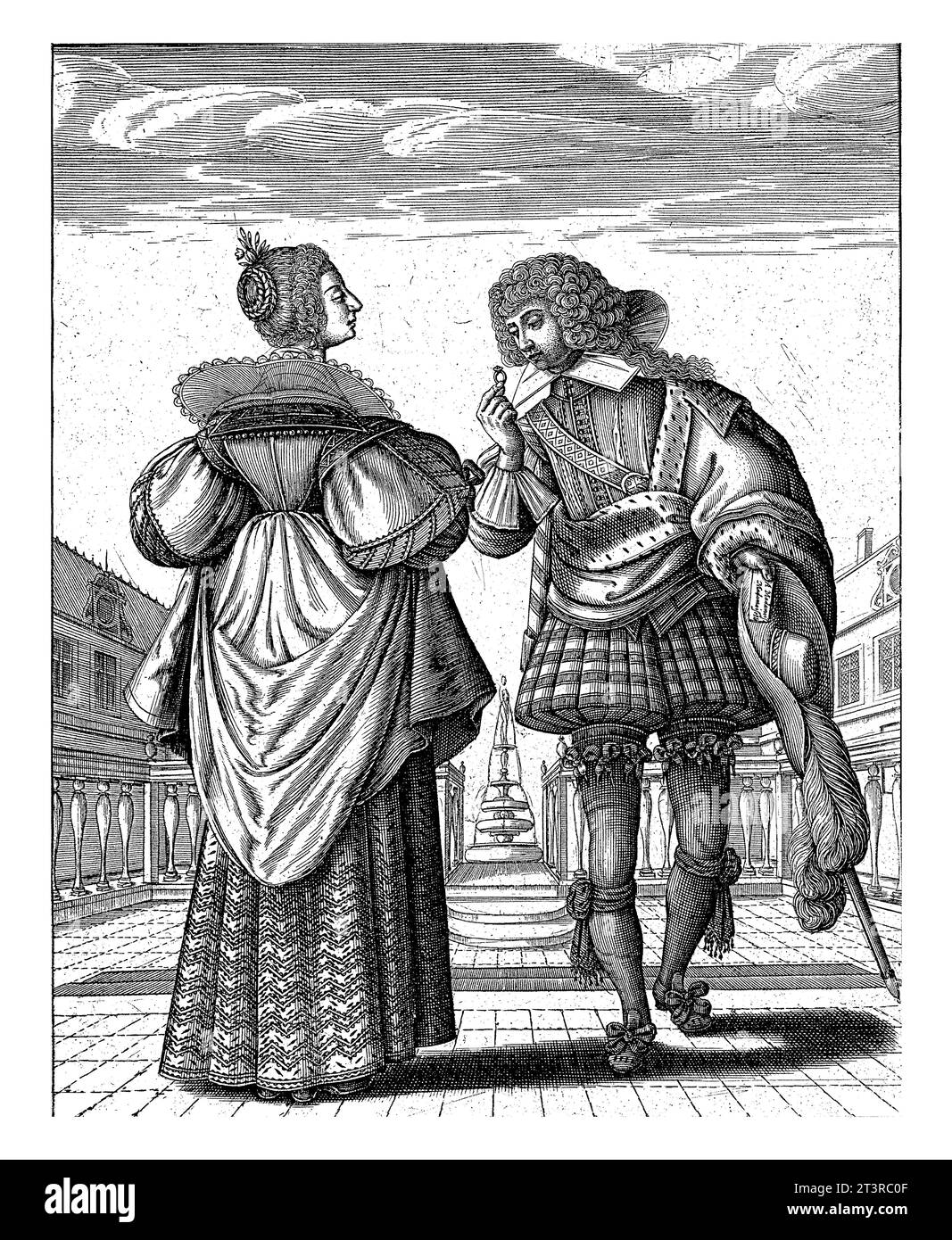 Couple portant la dernière mode française, Jean Picart, après Jean de Saint-Igny, 1628 dame et gentleman habillés à la mode, debout dans un esprit carré Banque D'Images