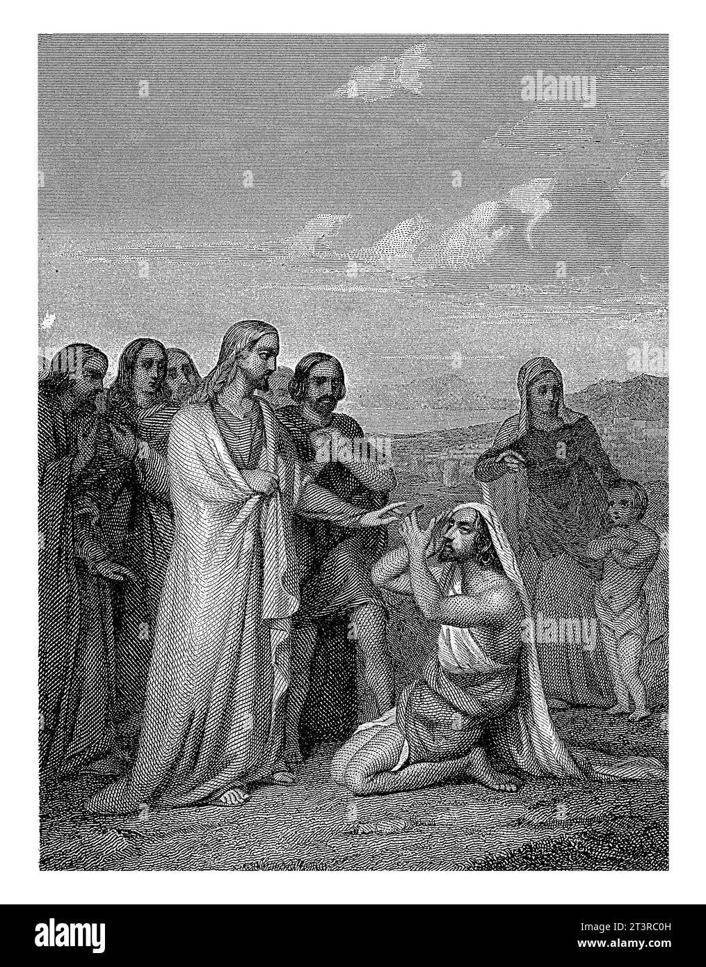 Guérir l'aveugle de Jéricho, Dirk Jurriaan Sluyter, d'après Adrianus Johannes Ehnle, 1843 l'aveugle est assis à genoux sur le sol et s'agrippe aux siens Banque D'Images